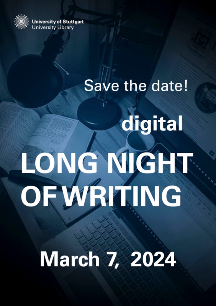 Save the date! Digital Long Night of Writing on March 7, 2024. Flyer: Desk lamp illuminates desk with laptop, book, notepad and cup.