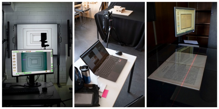 Three photographs showing the digitization studio, a pop-up photo studio and the scanner room.