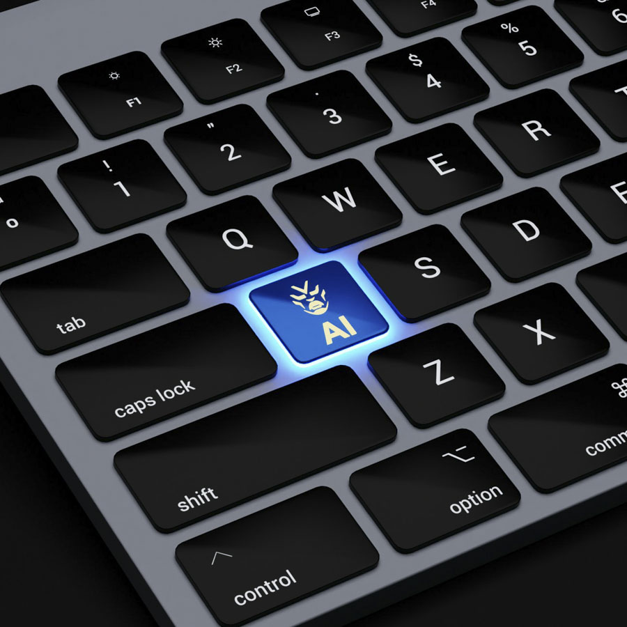 Tastatur mit blau leuchtender Taste für Künstliche Intelligenz