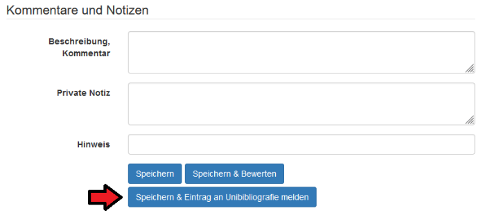 Screenshot: Button "Speichern & Eintrag an Unibibliografie melden" im Bearbeitungsmodus der Publikationseinträge in PUMA